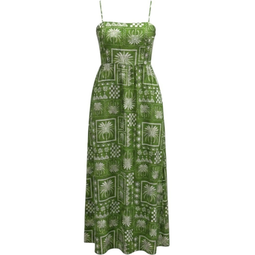 Rachel Zoe Maxi Dress Women 10 Green Palm Print Smocked Back Sleeveless Tropical